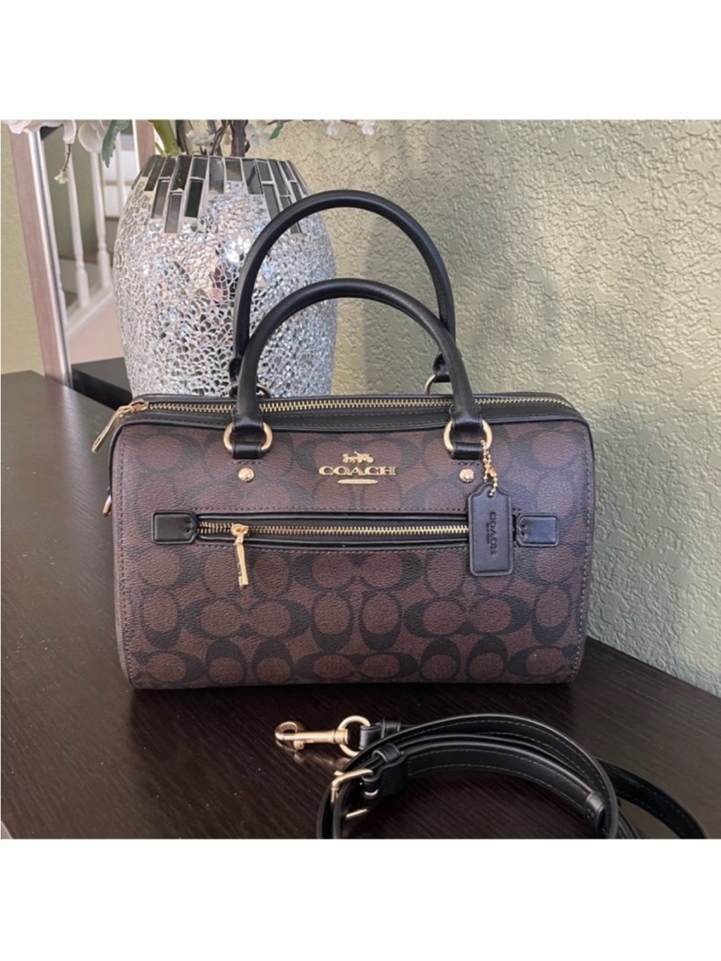 Coach Rowan Brown/Black Signature Dome Satchel With Gold Hardware